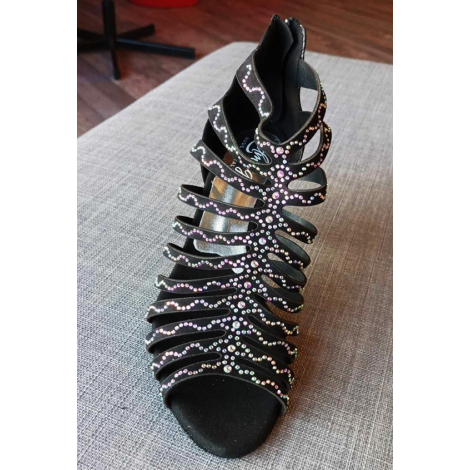 Bottines de bachata kizomba noir à lanières avec strass 7 cm